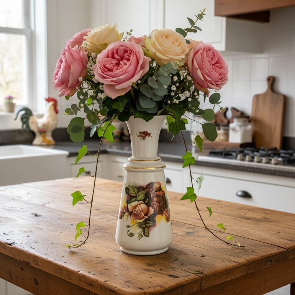 Vintage Floral Transferware Porcelain Vase-13''-Cottagecore Victorian Style-Rose